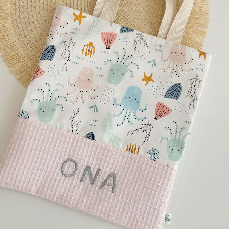 Bolsa con asas infantil de tela medusas multi y gofre rosa bebé