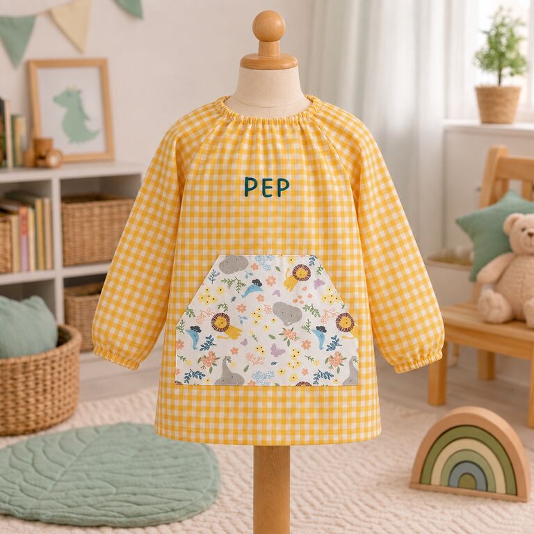 Babi escolar de cuadros amarillo con bolsillo de tela animales y flores