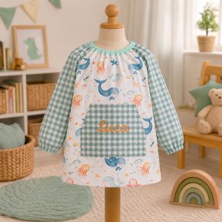 Babi escolar personalizado de tela animales marinos y vichy menta