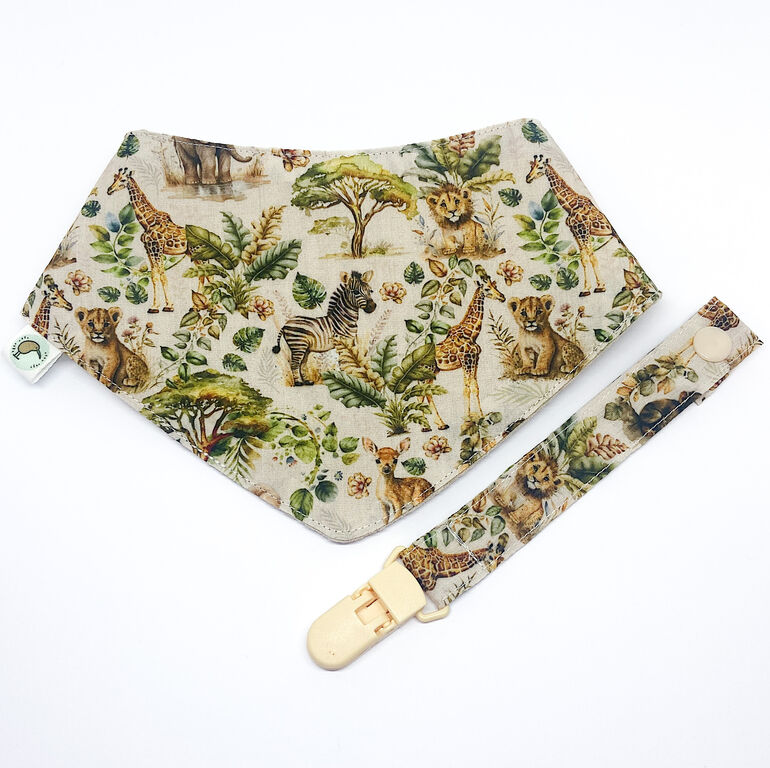 Pack babero bandana y chupetero Baby safari